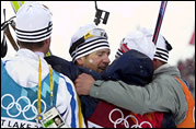Сборная Норвегии на Олимпиаде 2002 в Солт Лэйк Сити: Фроде Андресен, Эгил Гьеланд, Хальвард Ханевольд и Оле Эйнар Бьорндален